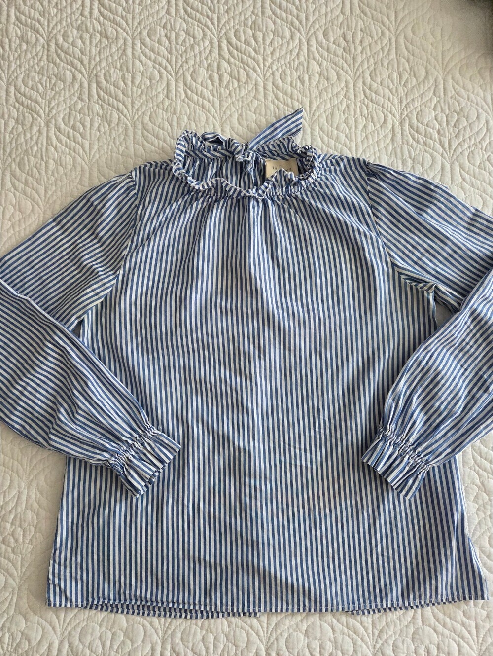 Sezane Blue Stripe Ruffle Neck Women's Blouse, Size 36, Small